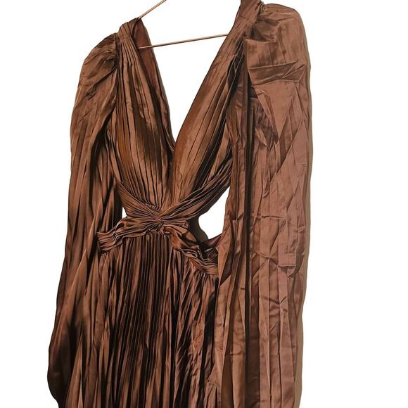 Ieena for Mac Duggal Brown Long Sleeve Pleated Full Skirt Cut Out Sides Gown 6 - Picture 6 of 16